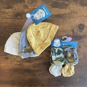 Gerber Yellow and Gray Cotton Newborn Beanie Hats and Mittens